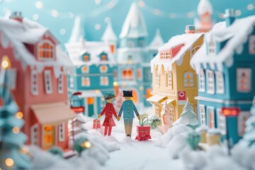 Wall Mural - Origami Paper Town with Couple Walking Through Snowy Christmas Street

