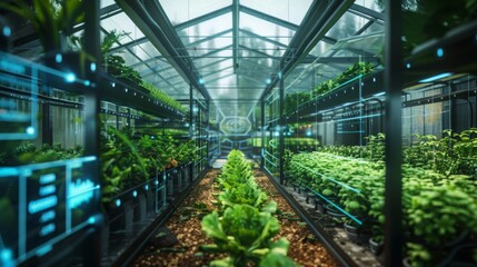 Poster - A modern greenhouse filled with rows of plants and advanced technology monitoring the growing conditions.