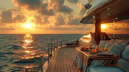 Wall Mural - a boat is sailing on the ocean with a beautiful sunset in the background. the boat has a dining area