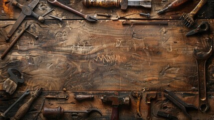 Wall Mural - A wooden frame with various tools and hardware. The frame is empty and the tools are scattered around it