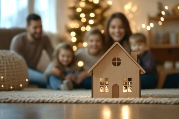 happy family looking with smile at wooden house