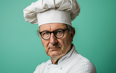 Professional Chef. Portrait male chef with cook hat, white uniform. Portrait of an old Italian or French chef, standing in the kitchen, restaurant, cooking class, cooking school. Realistic style photo