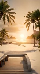 Wall Mural - Beach scene with two palm trees and small stone platform 4k animation