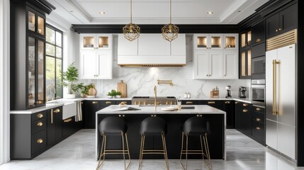 Sophisticated kitchen design with dual-colored storage, golden accents, and marble tile work