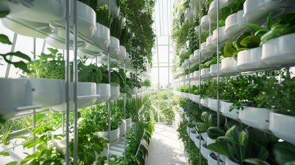 Aufkleber - A modern greenhouse with a vertical garden system showcasing rows of green plants growing in white containers.