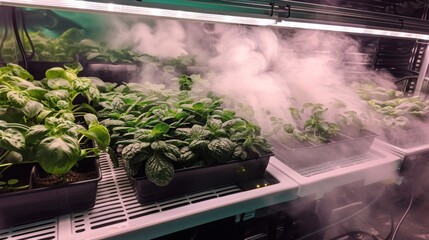 Aufkleber - A close-up view of a hydroponic garden, with plants growing in black trays under bright lights. A fine mist is being sprayed over the plants, helping to create a humid environment.