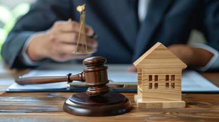 Male judge sitting at desk with gavel and small wooden toy house, working with documents, signing contract agreements. Real estate law, divorce property, house foreclosure and bankruptcy concept, ai