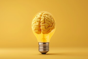 Canvas Print - Yellow brain inside a light bulb representing intellectual power innovative ideas and the fusion of creativity and science in a bright modern setting.