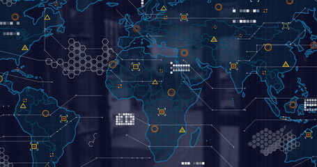 Poster - Image of world map with data processing over dark background