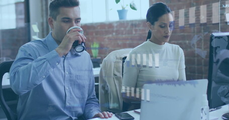 Wall Mural - Image of financial data processing over diverse business people in office