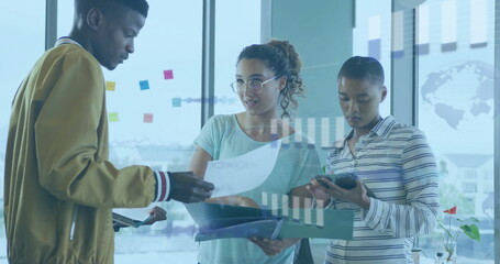 Poster - Image of financial data processing over diverse business people in office