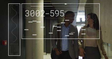 Poster - Business professionals walking in hallway with digital code overlay image