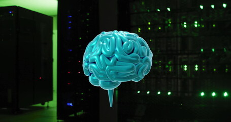 Poster - 3D brain image over server room with green lights