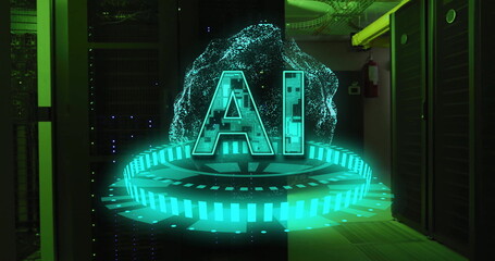 Poster - AI text image over futuristic digital interface in data center