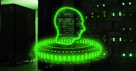 Poster - Binary code forming human head over digital data processing in green image
