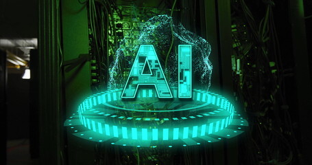 Poster - AI text image over futuristic digital interface in server room
