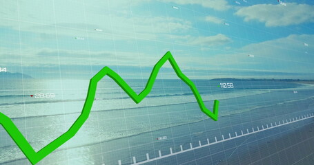 Sticker - Image of green line and financial data processing over seascape