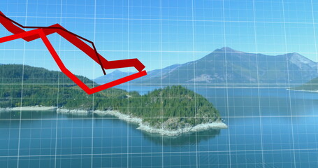 Poster - Image of red lines and financial data processing over seascape