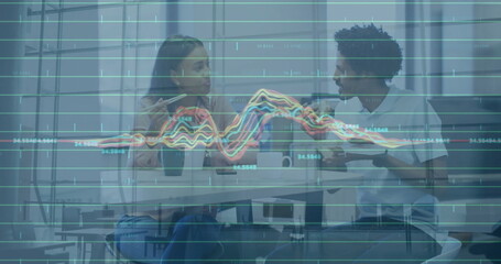 Poster - Image of financial data processing over diverse colleagues discussing work in office