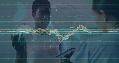 Poster - Image of financial data processing over diverse colleagues discussing work in office