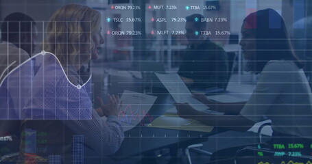 Poster - Image of financial data processing over diverse colleagues having meeting in office