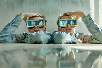 Two Individuals Wearing Vintage Futuristic Glasses Relaxing in a Minimalist Room With Natural Light