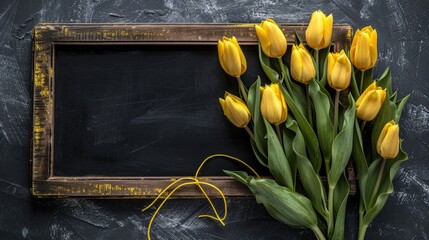 Wall Mural - Yellow tulips on a blackboard