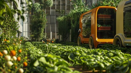 Poster - Two autonomous delivery vehicles travel through a lush urban farm setting, surrounded by vibrant green foliage and ripening tomatoes.