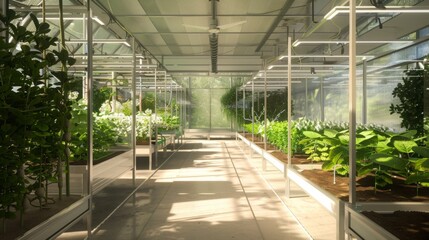 Aufkleber - A view down the center aisle of a greenhouse, showcasing rows of plants growing in various stages of development. Sunlight streams in through the glass panels, illuminating the lush greenery.
