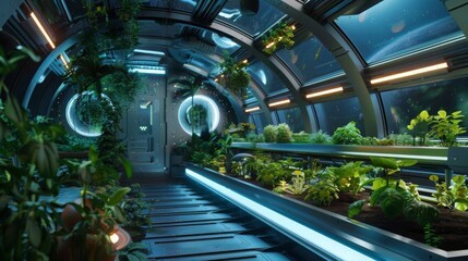 Poster - An indoor greenhouse with plants growing in rows under artificial light, looking out at the stars through a large window.