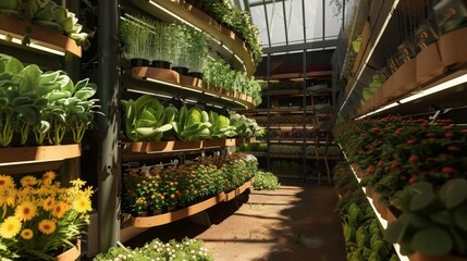 Aufkleber - A vertical garden interior with plants growing on shelves. The sun shines through a glass ceiling, illuminating the plants.