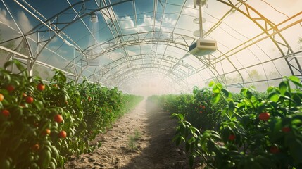 Poster - Tomato plants grow under a misting system in a large greenhouse. The sun shines through the plastic roof, casting a bright light on the plants.