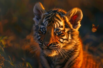 Wall Mural - A Tiger Cub Gazes at a Butterfly in the Golden Hour