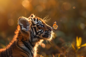 Wall Mural - Curious Tiger Cub Encounters a Butterfly