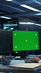 Poster - vertical video system administrator overseeing data center using green screen computer, ensuring sys