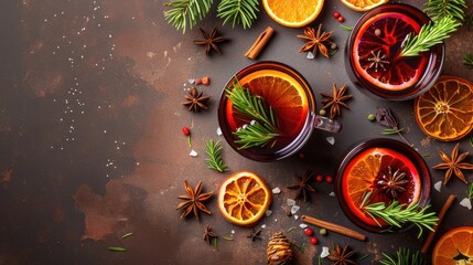 Poster - Rustic citrus rosemary mulled wine for holiday meal with copy space and top view