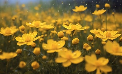 Wall Mural - there is a picture of a field of yellow flowers with rain drops