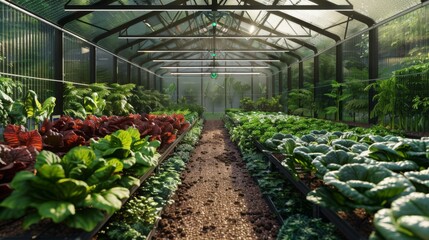 Aufkleber - Rows of leafy green vegetables grow in a large greenhouse, with sunlight streaming in from above.
