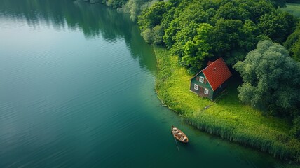 Wall Mural - Aerial View of a Cozy Wooden Cabin with Red Roof by a Serene Lake Surrounded by Lush Green Forest and Calm Waters, Perfect for Nature Retreats and Tranquil Escapes