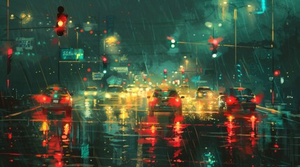 Aufkleber - A busy intersection with traffic lights shining through the rain and car headlights.