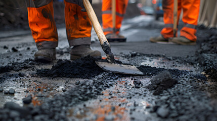 Road Repair Crew Smooths and Fills Asphalt