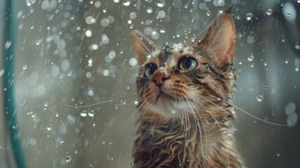 Poster - A cat in a shower with a playful look, water streaming down its face.