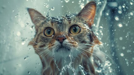 Poster - A cat in a shower with a playful look, water streaming down its face.