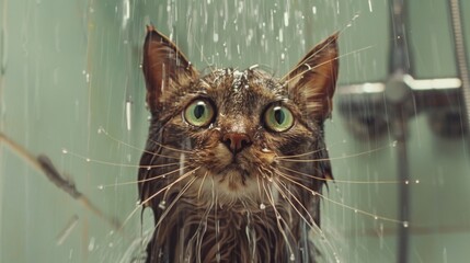 Poster - A cat in a shower with water running over its fur, eyes wide open.