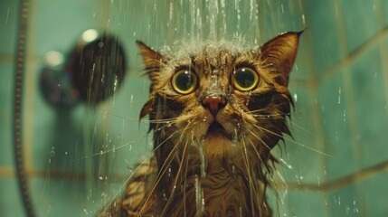 Poster - A cat in a shower with water running over its fur, eyes wide open.