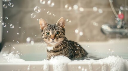 Poster - A cat sitting in a bathtub with soapy bubbles and a content expression