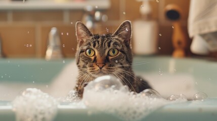 Poster - A cat sitting in a bathtub with soapy bubbles and a content expression