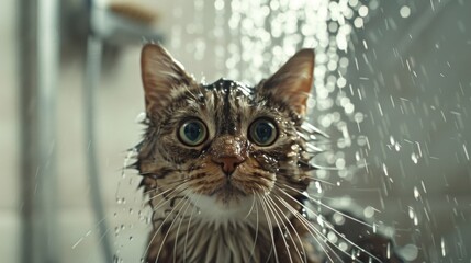 Poster - A cat in a shower with a playful look, water streaming down its face.