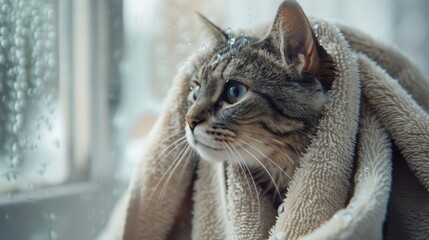 Poster - A cat wrapped in a towel after a shower, looking calm and relaxed