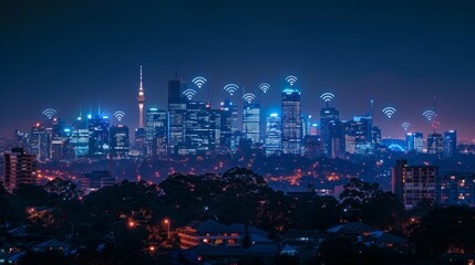 Poster - A city skyline with digital icons representing wireless communication networks.